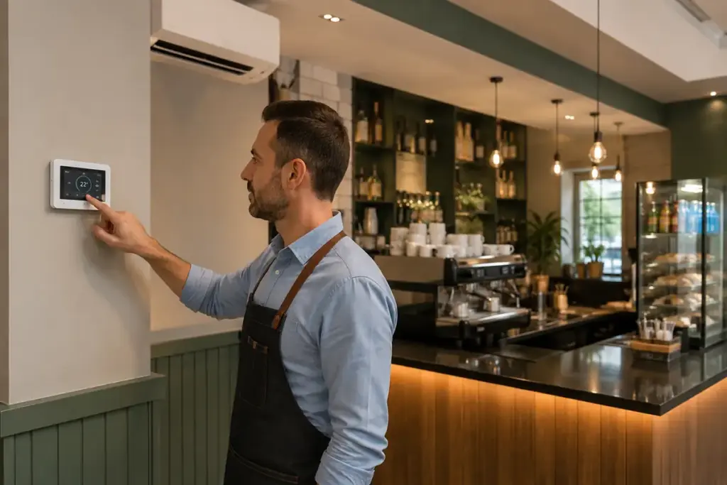 Cameriere che controlla la temperatura per risparmiare energia elettrica