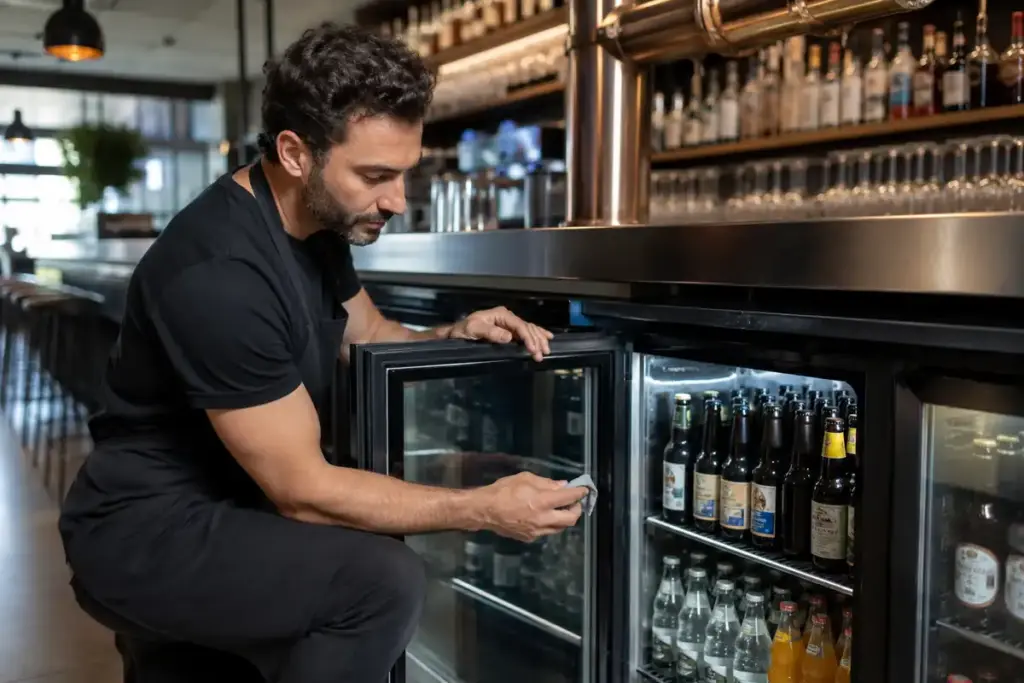 Barista che pulisce un apparecchio di refrigerazione per risparmiare energia elettrica