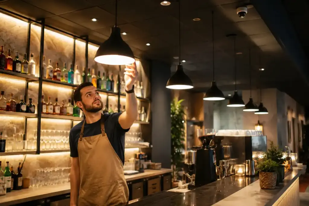 Barista che controlla illuminazione per risparmiare energia elettrica
