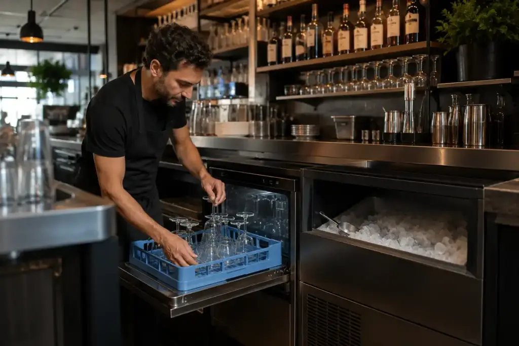Barista che sistema i bicchieri dopo un lavaggio