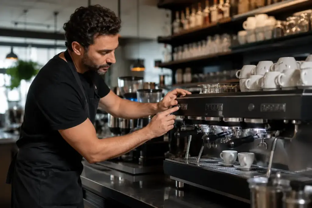 Barista che utilizza una macchina del caffè durante la giornata