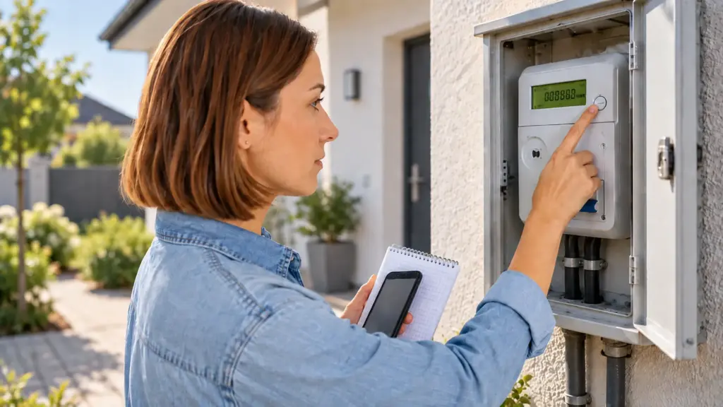 Donna che legge un contatore luce per riportare i dati di consumo