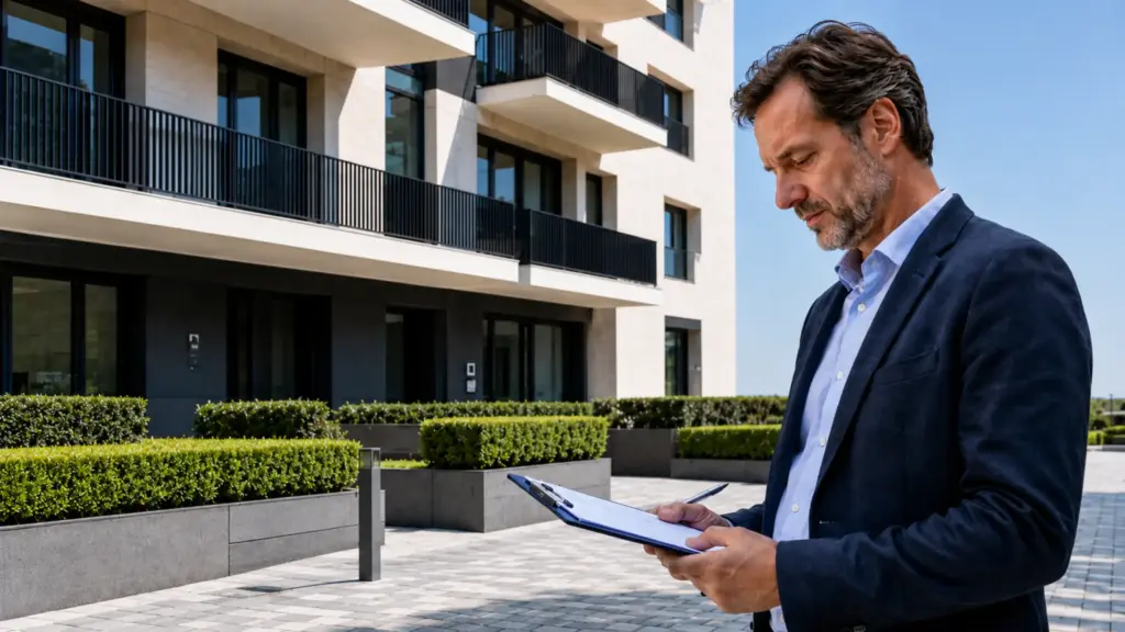 Amministratore di condominio consulta un documento davanti all’edificio