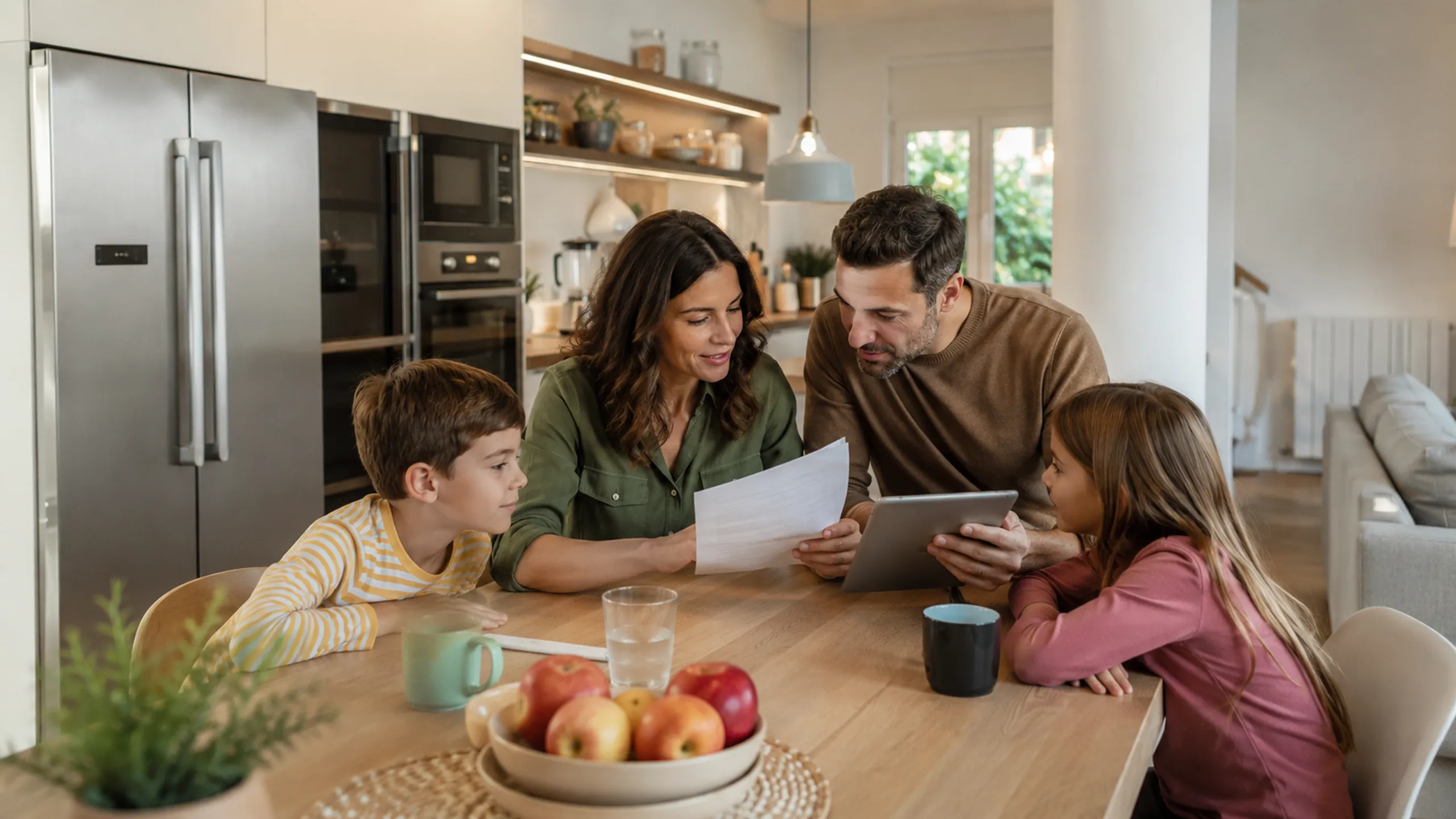 Famiglia in cucina che guarda una bolletta