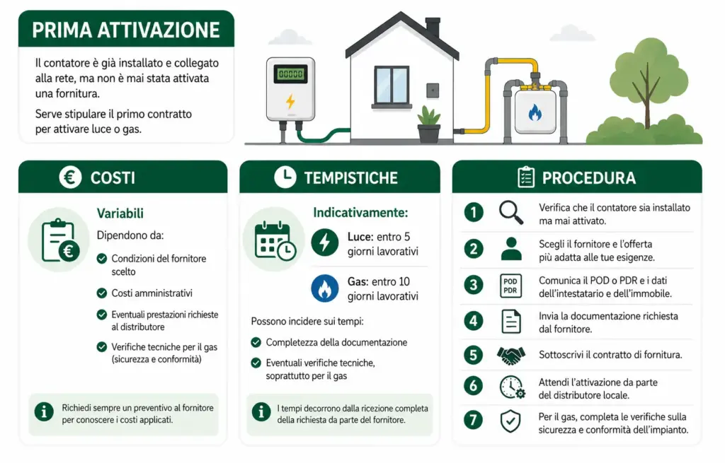 Recap di costi, tempistiche e procedura richiesta per una prima attivazione durante il trasloco delle utenze luce e gas