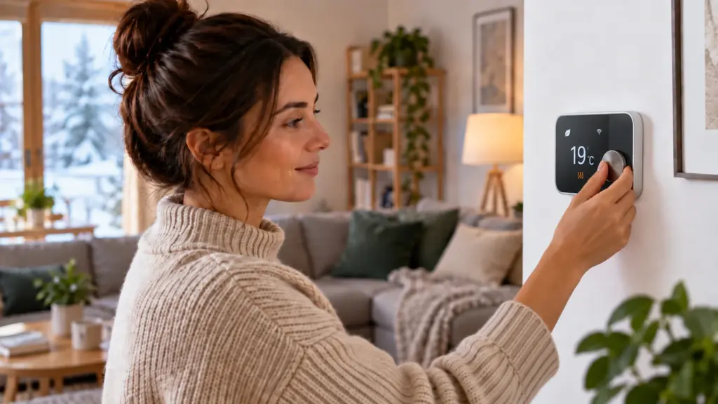 Donna regola un termostato smart per ridurre i consumi di gas e risparmiare sul riscaldamento
