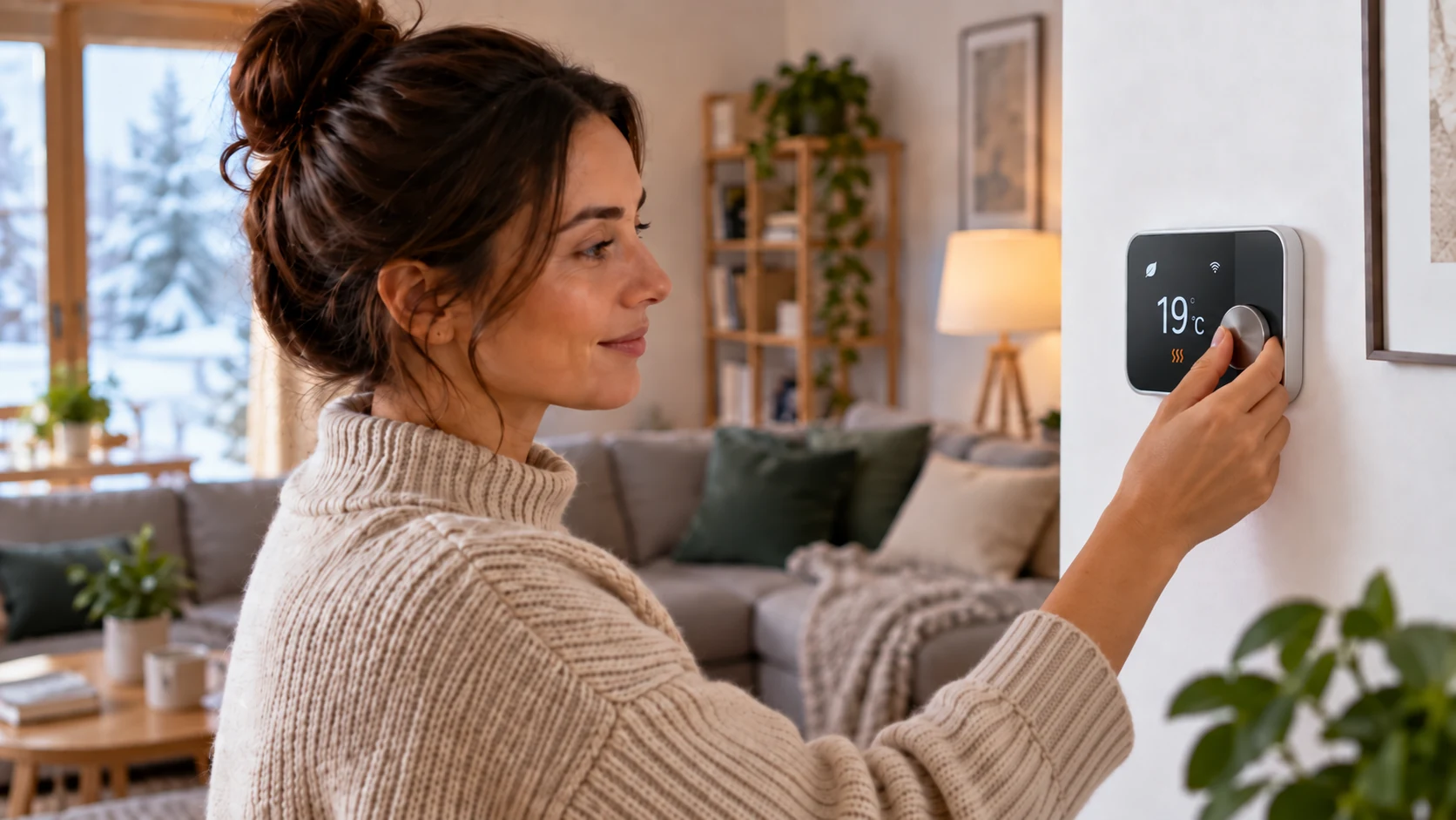 Donna regola un termostato smart per ridurre i consumi di gas e risparmiare sul riscaldamento