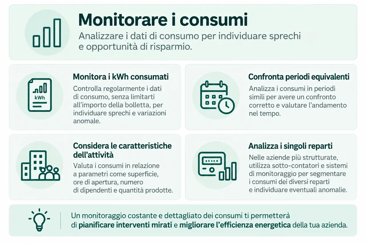 Recap degli elementi di monitoraggio da tenere in considerazione per risparmiare energia elettrica in azienda
