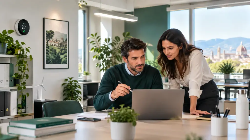 Team in ufficio analizza i consumi per risparmiare energia elettrica in azienda